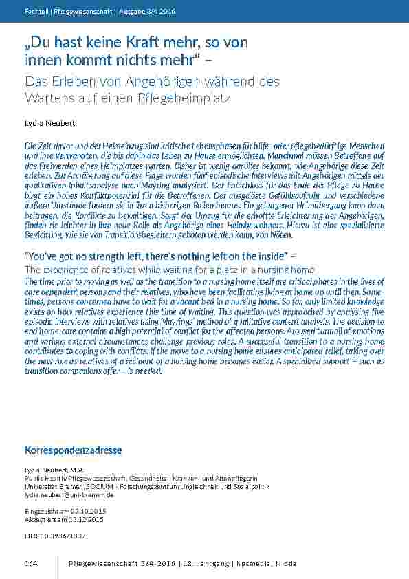 „Du hast keine Kraft mehr, so von innen kommt nichts mehr“ – Das Erleben von Angehörigen während des Wartens auf einen Pflegeheimplatz