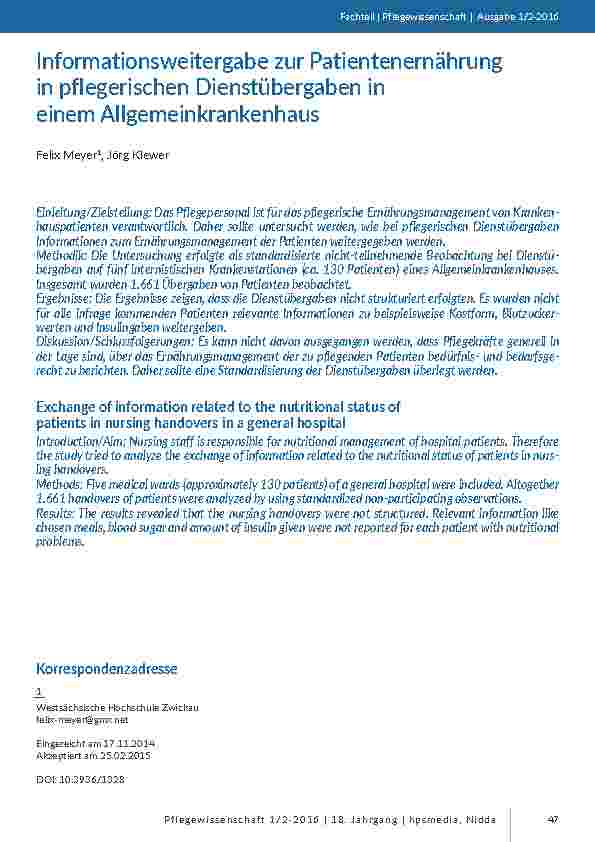 Informationsweitergabe zur Patientenernährung in pflegerischen Dienstübergaben in einem Allgemeinkrankenhaus