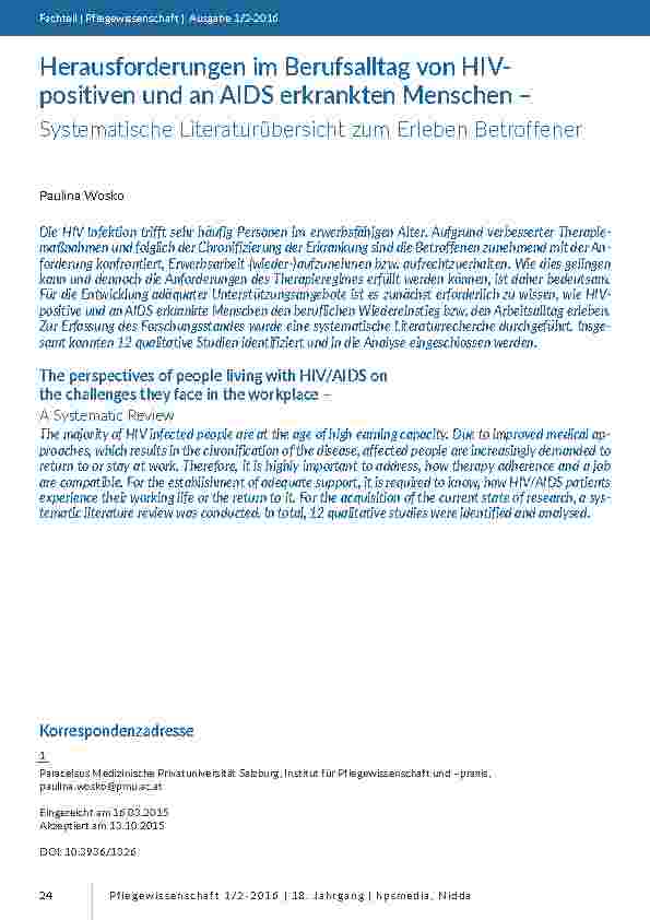 Herausforderungen im Berufsalltag von HIVpositiven und an AIDS erkrankten Menschen – Systematische Literaturübersicht zum Erleben Betroffener