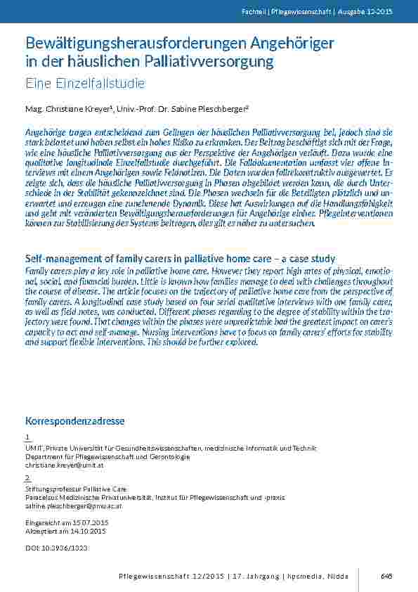 Bewältigungsherausforderungen Angehöriger in der häuslichen Palliativversorgung. Eine Einzelfallstudie