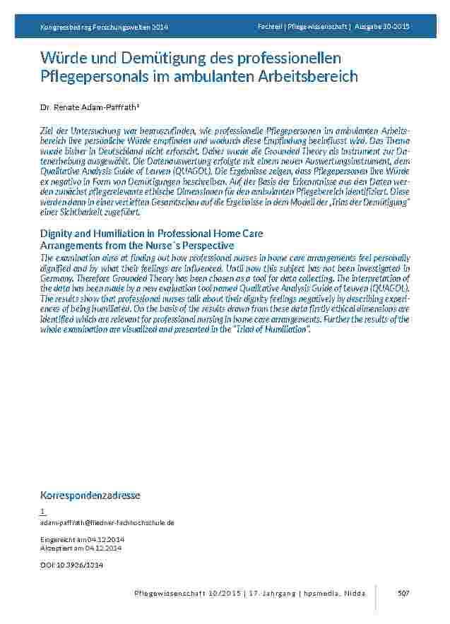 Würde und Demütigung des professionellen Pflegepersonals im ambulanten Arbeitsbereich