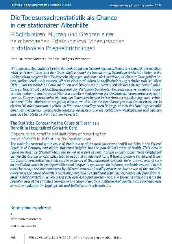 Die Todesursachenstatistik als Chance in der stationären Altenhilfe. Möglichkeiten, Nutzen und Grenzen einer heimbezogenen Erfassung von Todesursachen in stationären Pflegeeinrichtungen