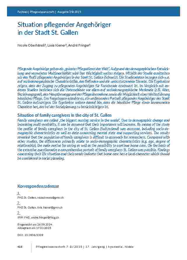 Situation pflegender Angehöriger in der Stadt St. Gallen