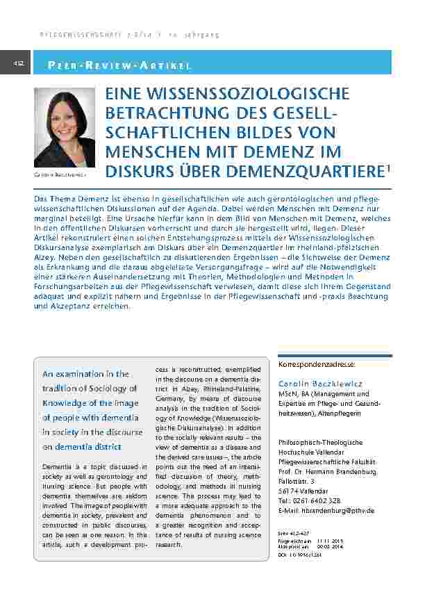 Eine wissenssoziologische Betrachtung des gesellschaftlichen Bildes von Menschen mit Demenz im Diskurs über Demenzquartiere