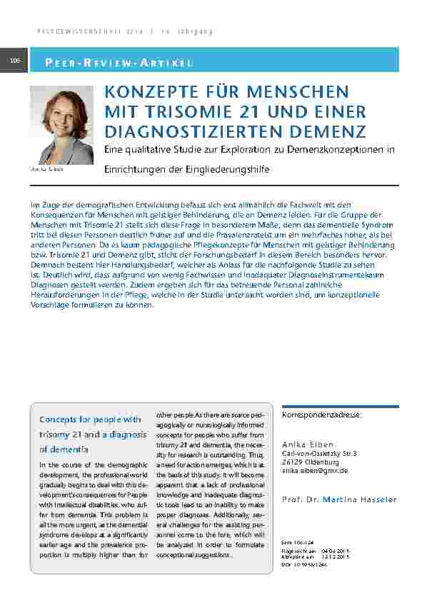 Konzepte für Menschen mit Trisomie 21 und einer diagnostizierten Demenz. Eine qualitative Studie zur Exploration zu Demenzkonzeptionen in Einrichtungen der Eingliederungshilfe