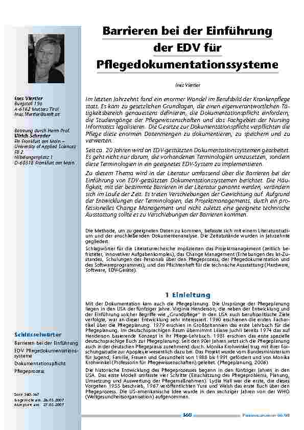 Barrieren bei der Einführung der EDV für Pflegedokumentationssysteme ...
